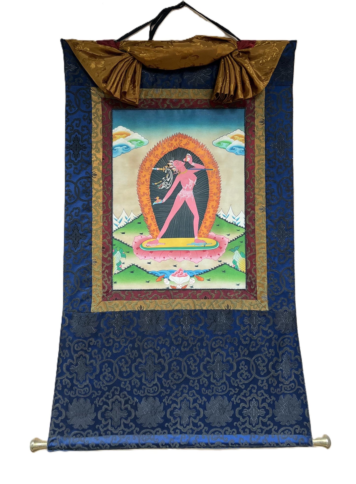 Hand Painted Semi Old, Oil Varnish Vajrayogini Thangka with Silk Brocade