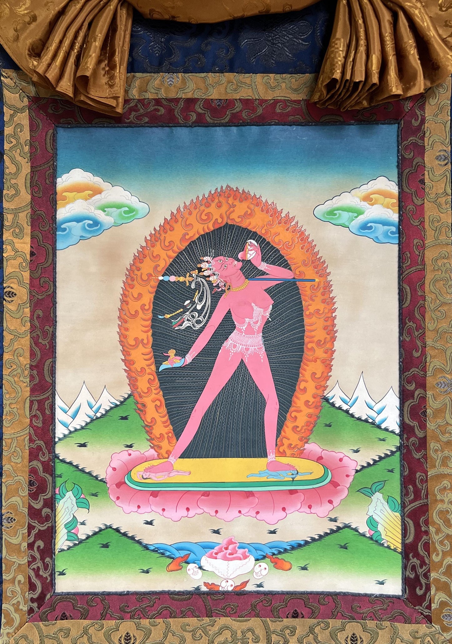 Hand Painted Semi Old, Oil Varnish Vajrayogini Thangka with Silk Brocade