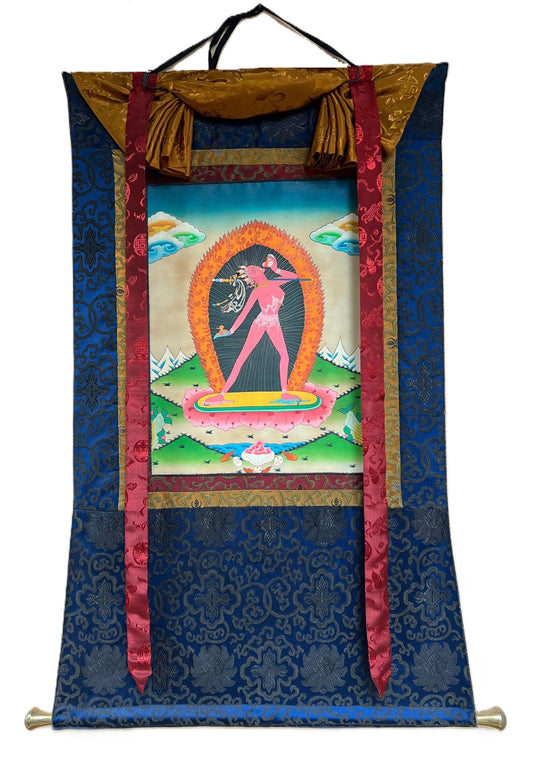 Hand Painted Semi Old, Oil Varnish Vajrayogini Thangka with Silk Brocade