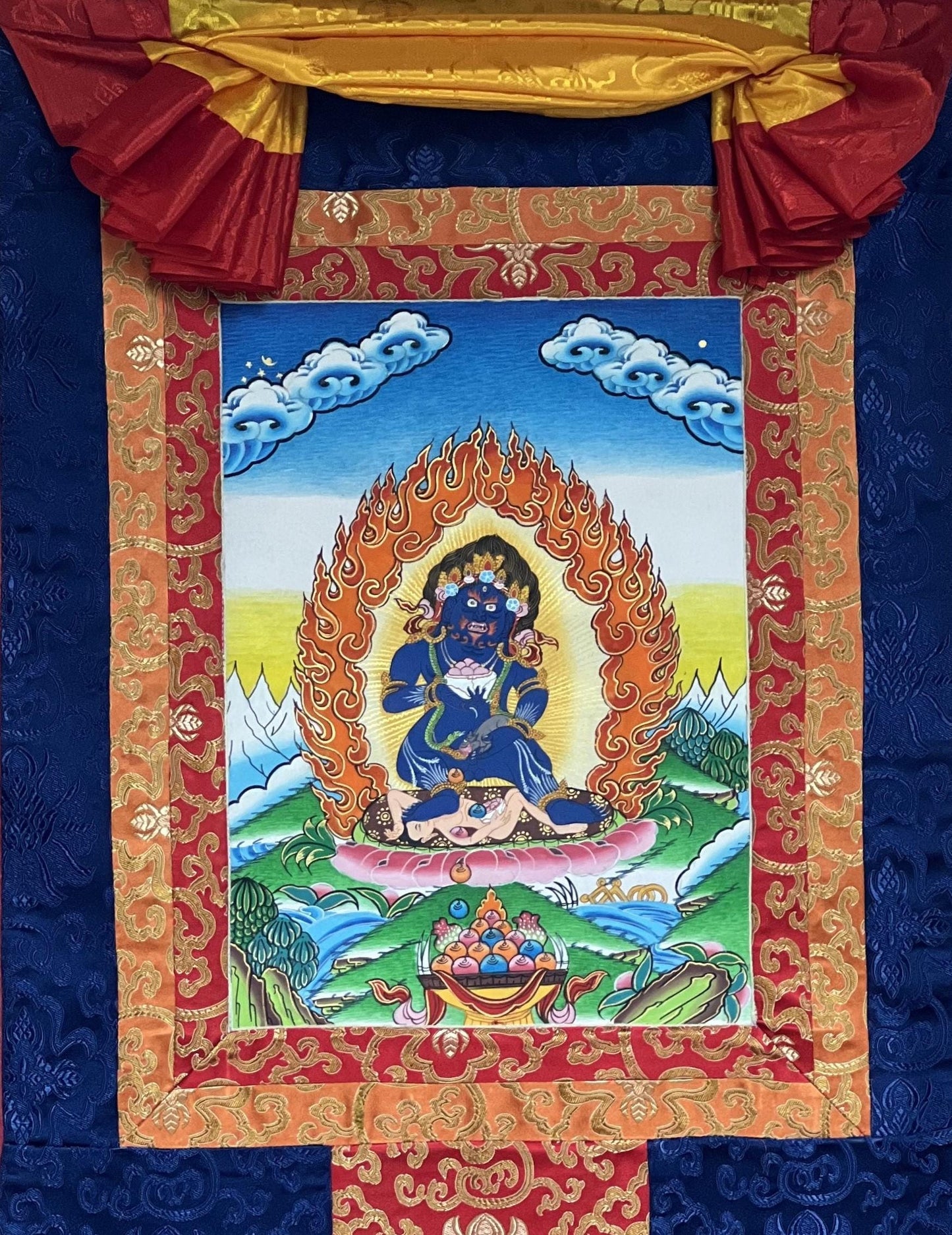 Hand-Painted Black Jambhala Thangka, Tibetan God of Wealth