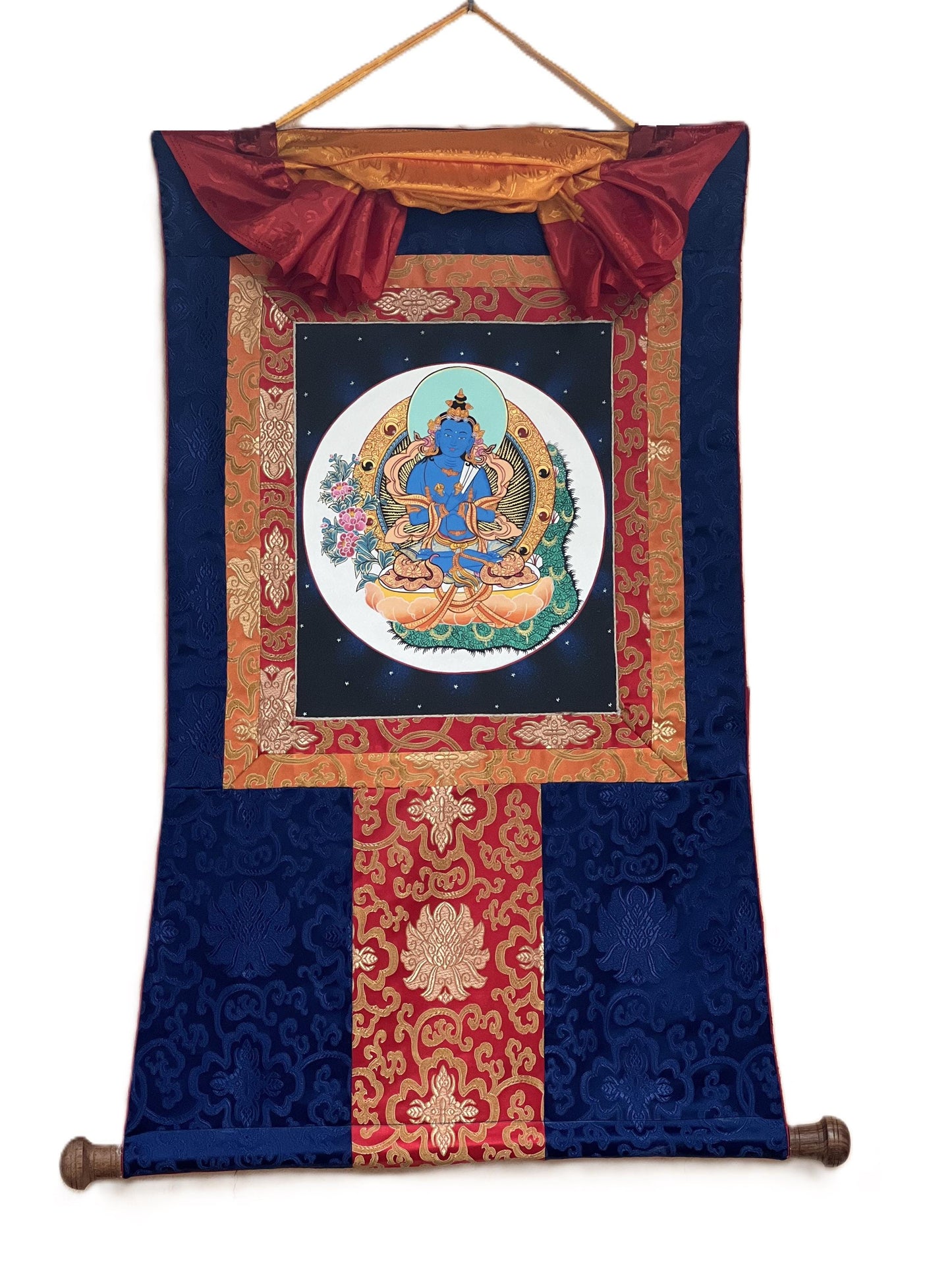 Hand-painted Buddha Vajradhara Tibetan Thangka Painting with Silk Brocade