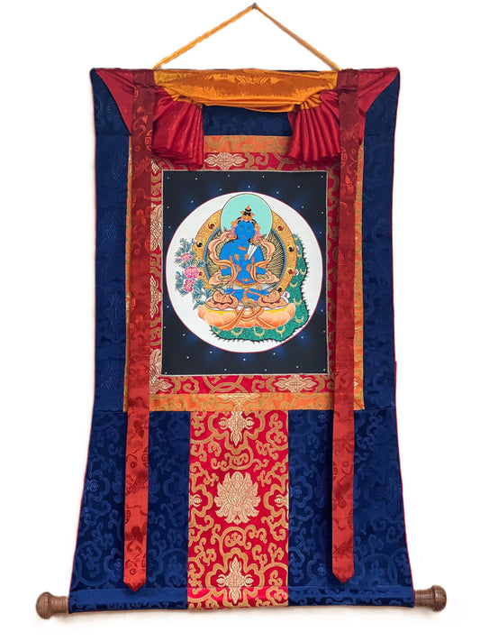 Hand-painted Buddha Vajradhara Tibetan Thangka Painting with Silk Brocade