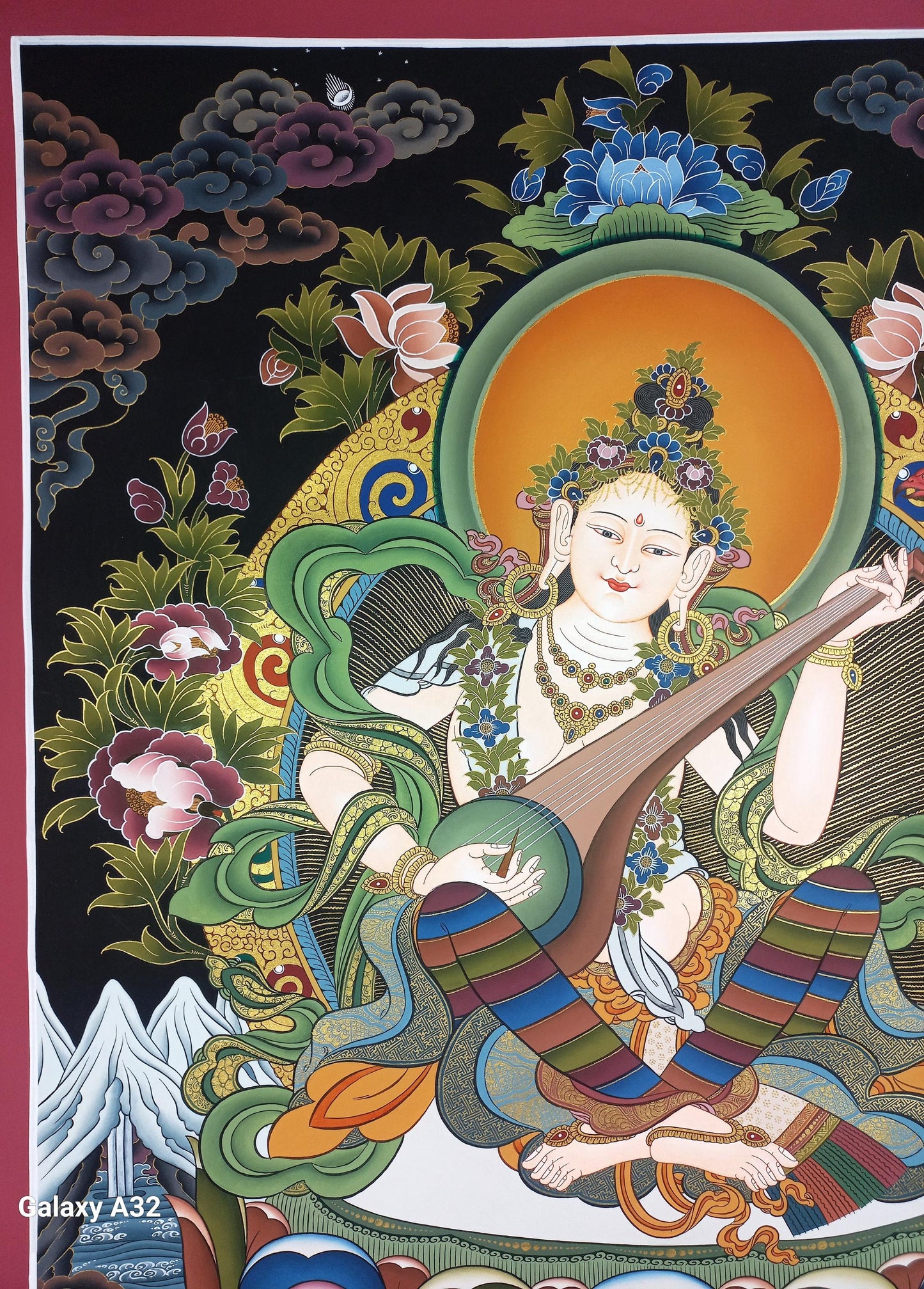 Hand-Painted Saraswati Thangka Painting – Hindu Goddess Art, Cotton Canvas