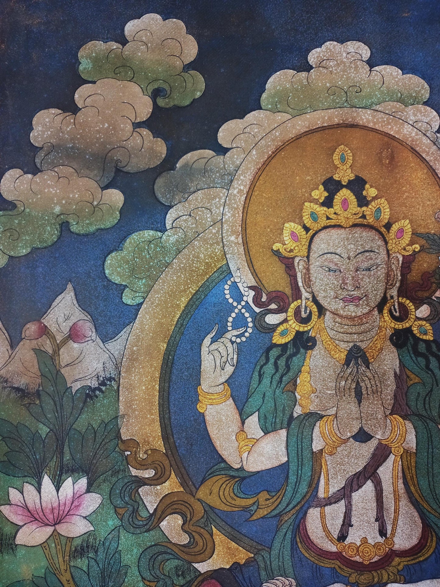 Avalokiteshvara / Chenrezig Original Acrylic Painting on Canvas - Masterpiece Vintage Thangka Painting from the Kathmandu Valley