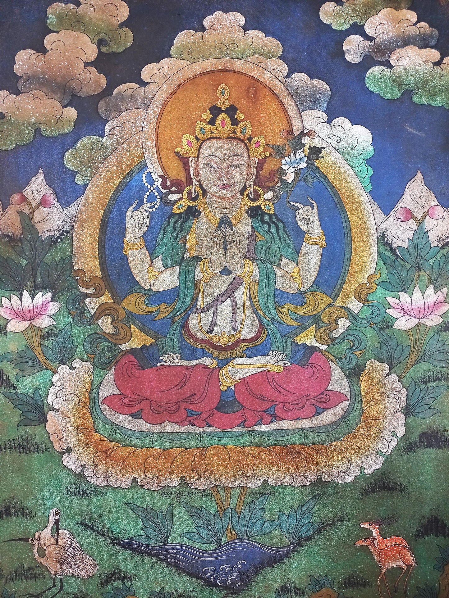 Avalokiteshvara / Chenrezig Original Acrylic Painting on Canvas - Masterpiece Vintage Thangka Painting from the Kathmandu Valley