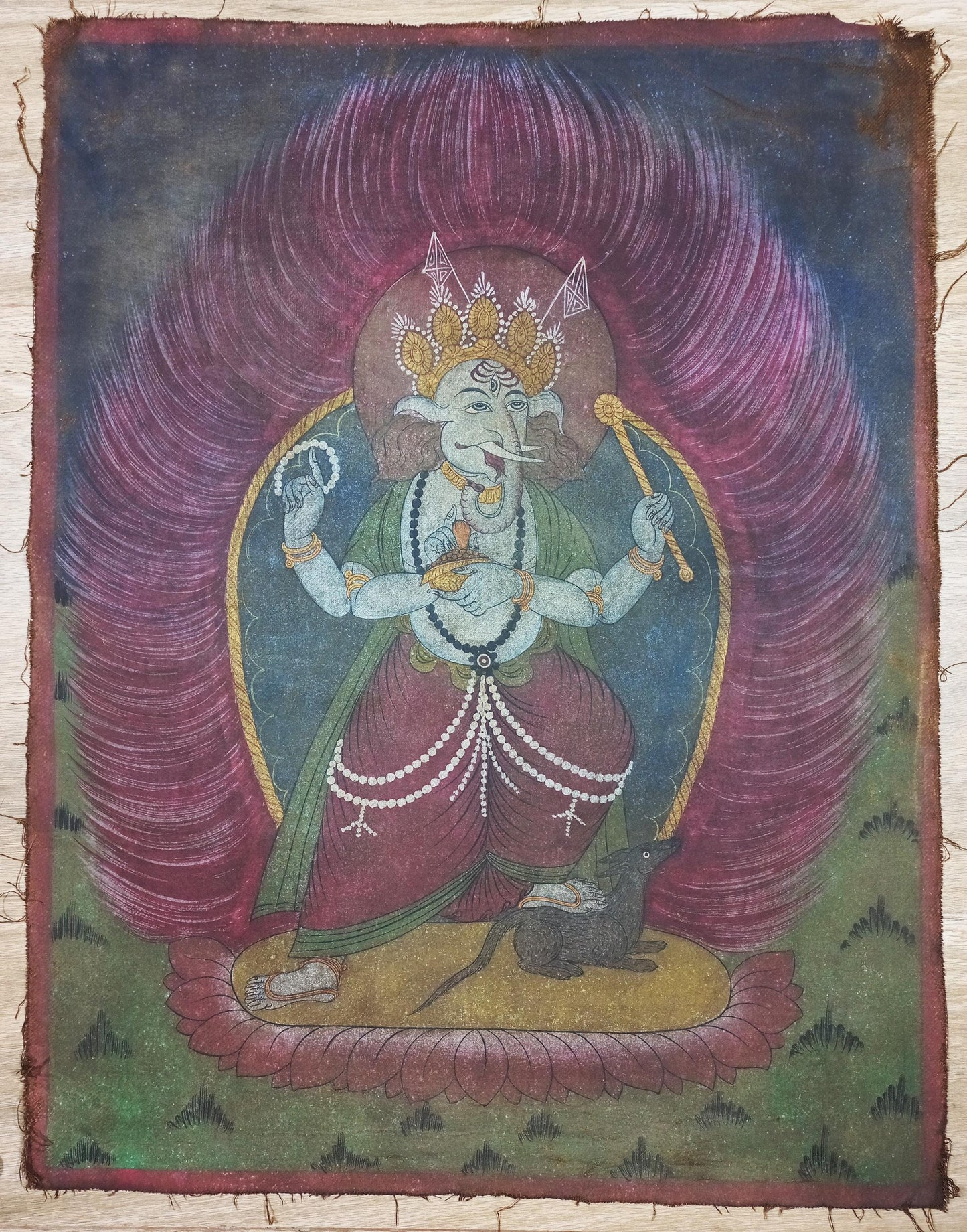Vintage Standing Ganesha or Ganapati | Hand-Painted Hindu Art | Acrylic Painting on Canvas from Nepal