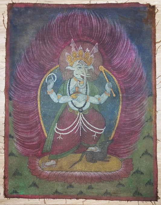 Vintage Standing Ganesha or Ganapati | Hand-Painted Hindu Art | Acrylic Painting on Canvas from Nepal