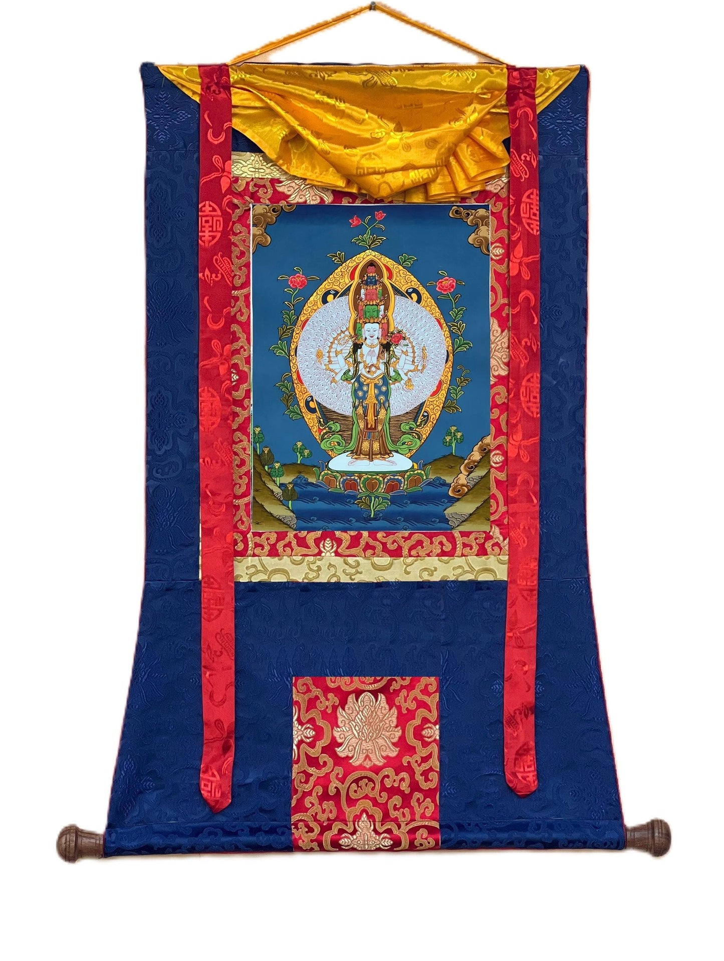 Original Hand-painted 1000 Armed Sahasrabhuja Avalokiteshvara Lokeshvara Chenrezig Tibetan Thangka Painting  with Silk Brocade