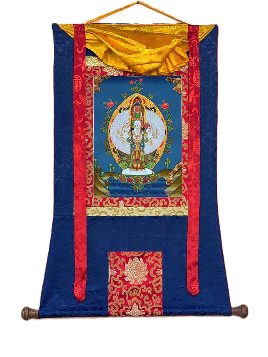 Original Hand-painted 1000 Armed Sahasrabhuja Avalokiteshvara Lokeshvara Chenrezig Tibetan Thangka Painting  with Silk Brocade