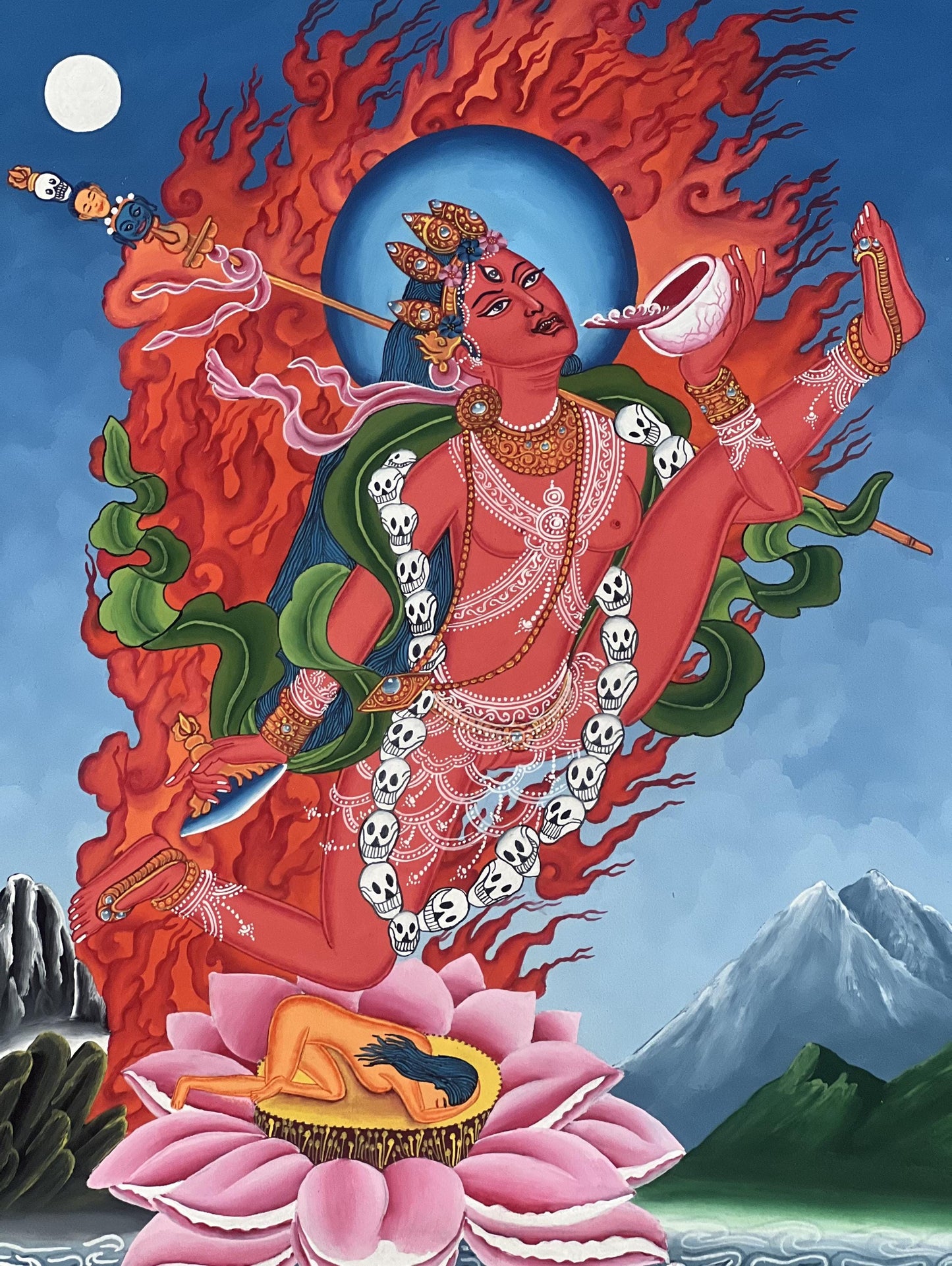 Hand-Painted Akash Yogini Thangka Painting with Silk Brocade