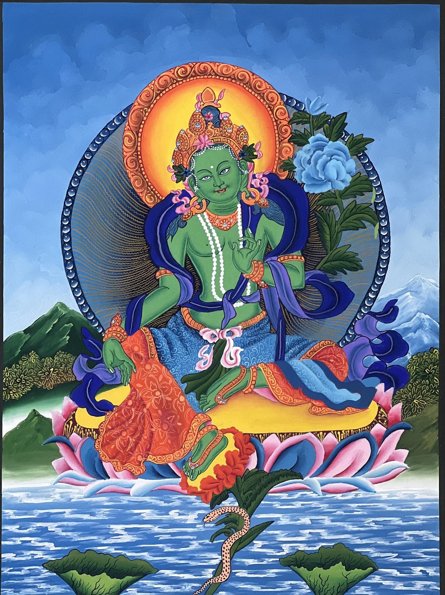 Hand-Painted Green Tara Thangka | Newari Paubha Art from Nepal