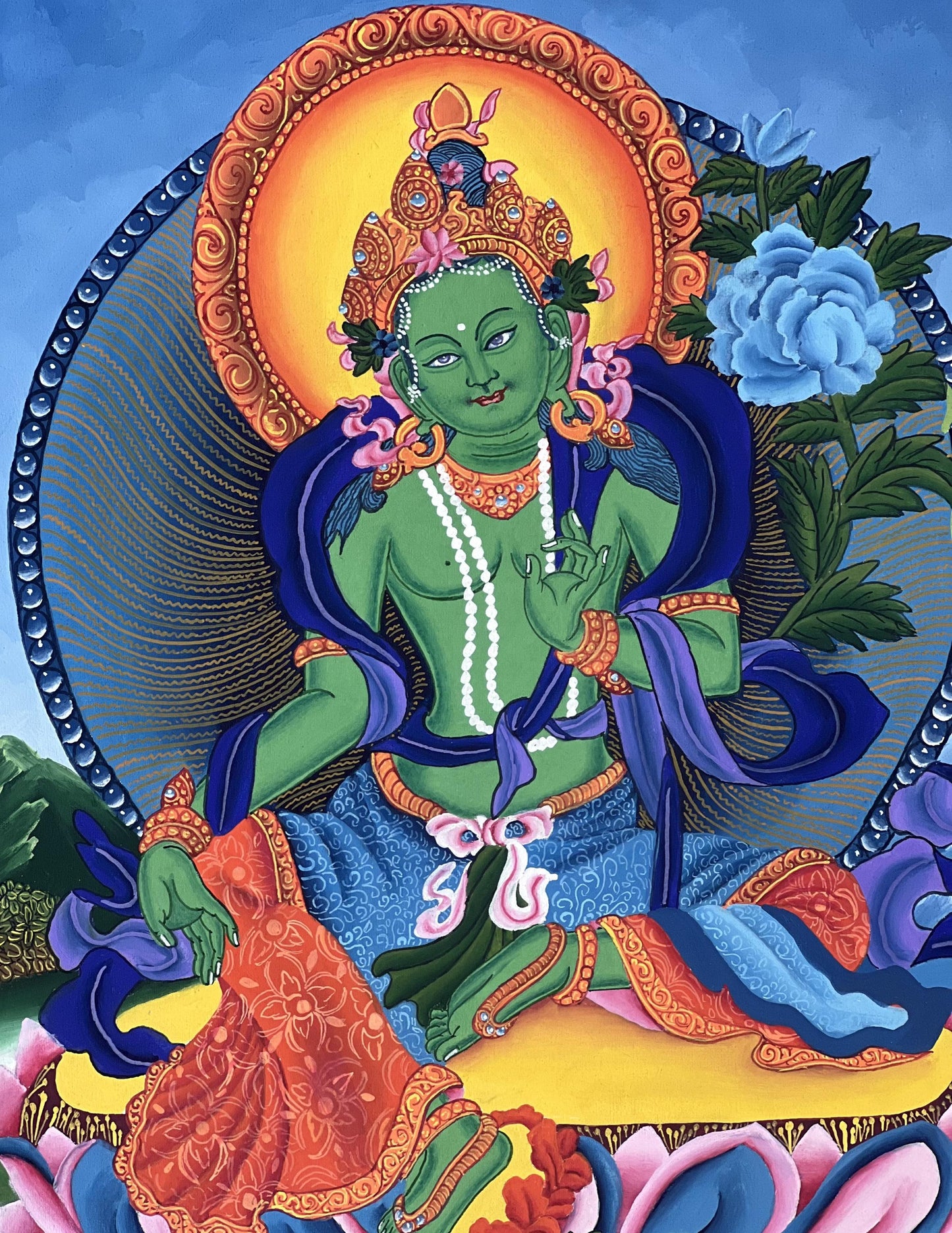 Hand-Painted Green Tara Thangka | Newari Paubha Art from Nepal