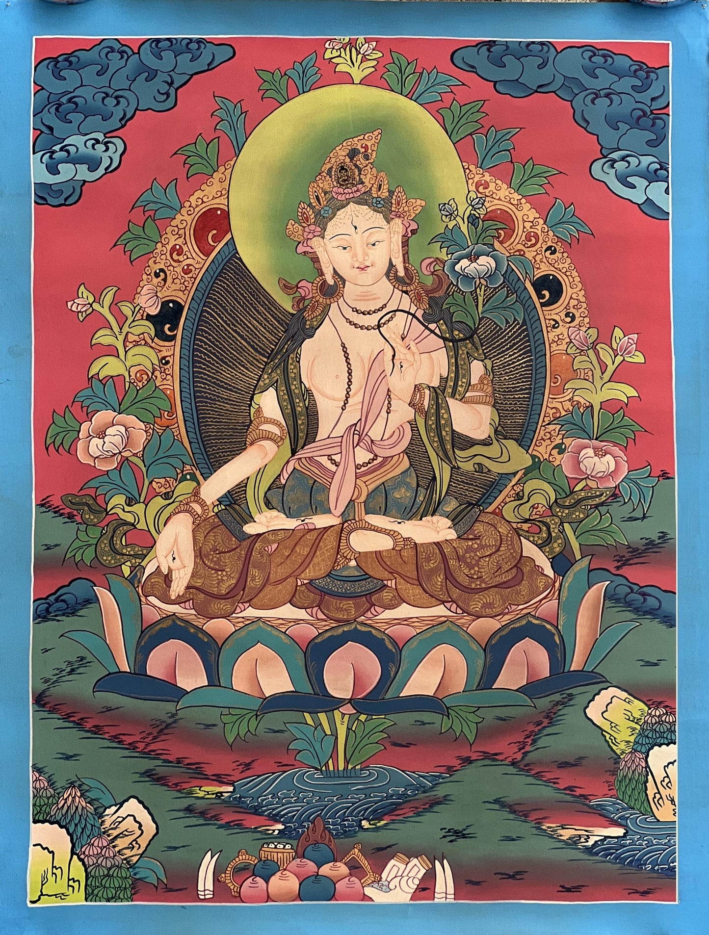 Hand-Painted White Tara tibetan Thangka Paintinng, Mother Goddess Art