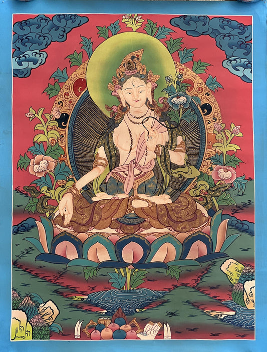 Hand-Painted White Tara tibetan Thangka Paintinng, Mother Goddess Art