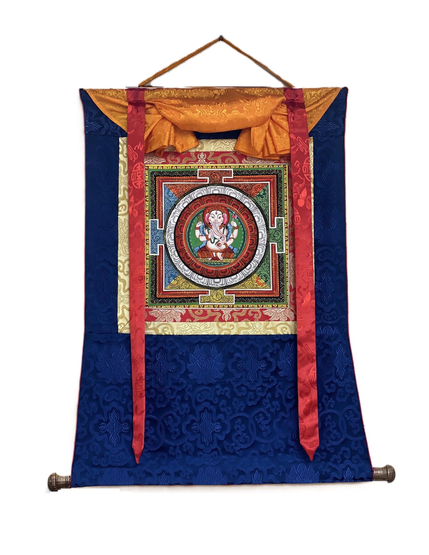 Ganesha Sriyantra Thangka Painting - Newari Paubha Art with Silk Brocade