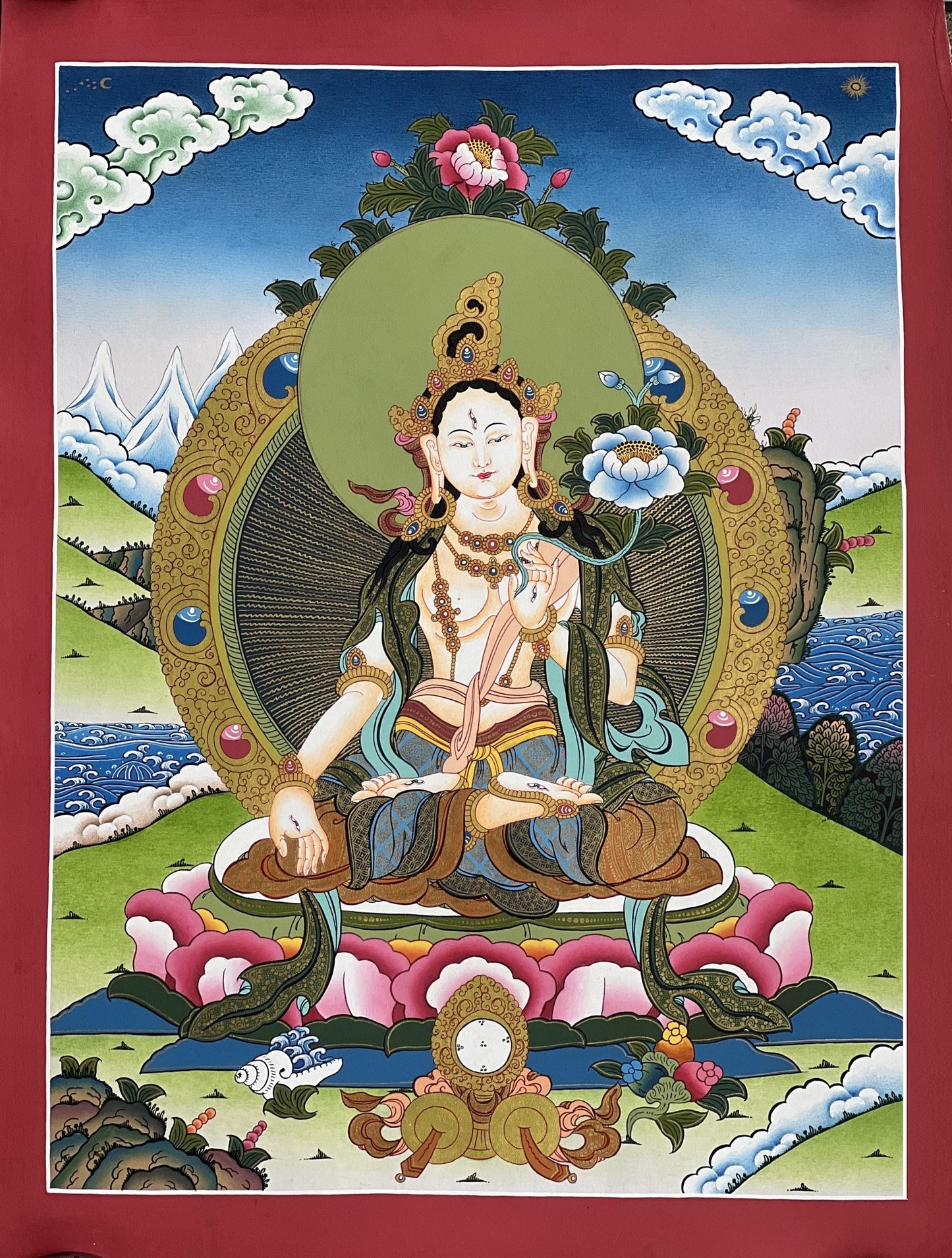Hand-Painted White Tara Thangka: Mother Goddess Art from Nepal