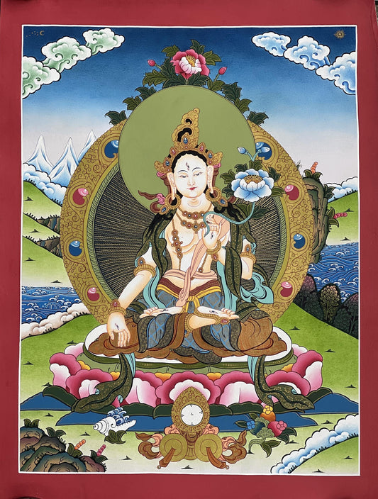 Hand-Painted White Tara Thangka: Mother Goddess Art from Nepal