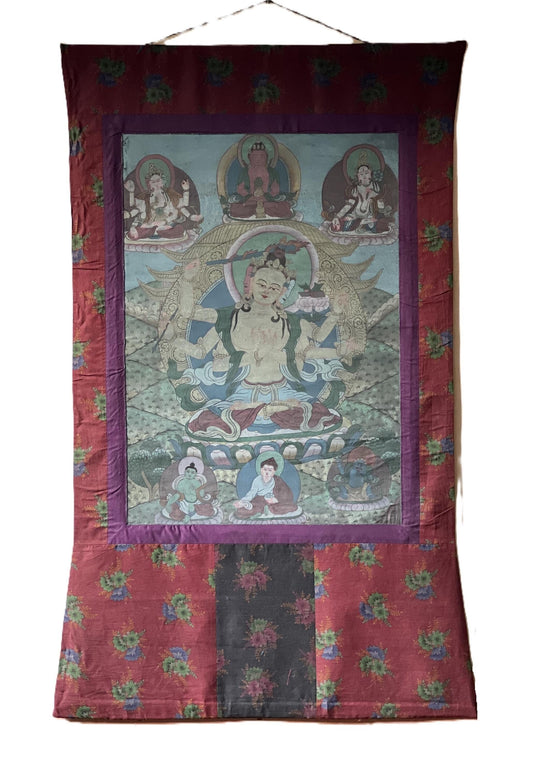 Vintage Six-Armed Manjushri Thangka | Hand-Painted Tibetan Art