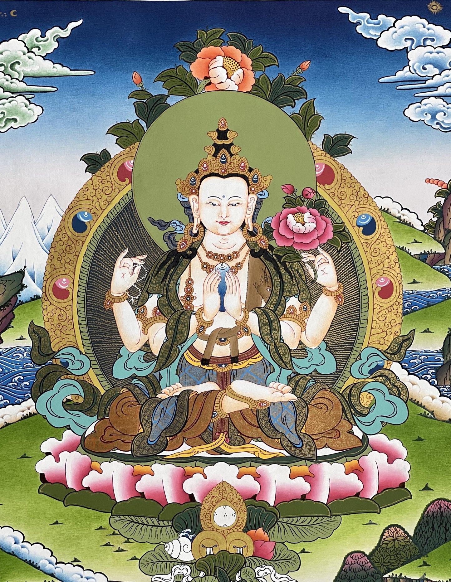 Original Hand Painted Avalokiteshvara / Chenrezig/ Compassion Buddha Masterpiece Tibetan Compassion / Meditation Thangka / Thanka  Painting