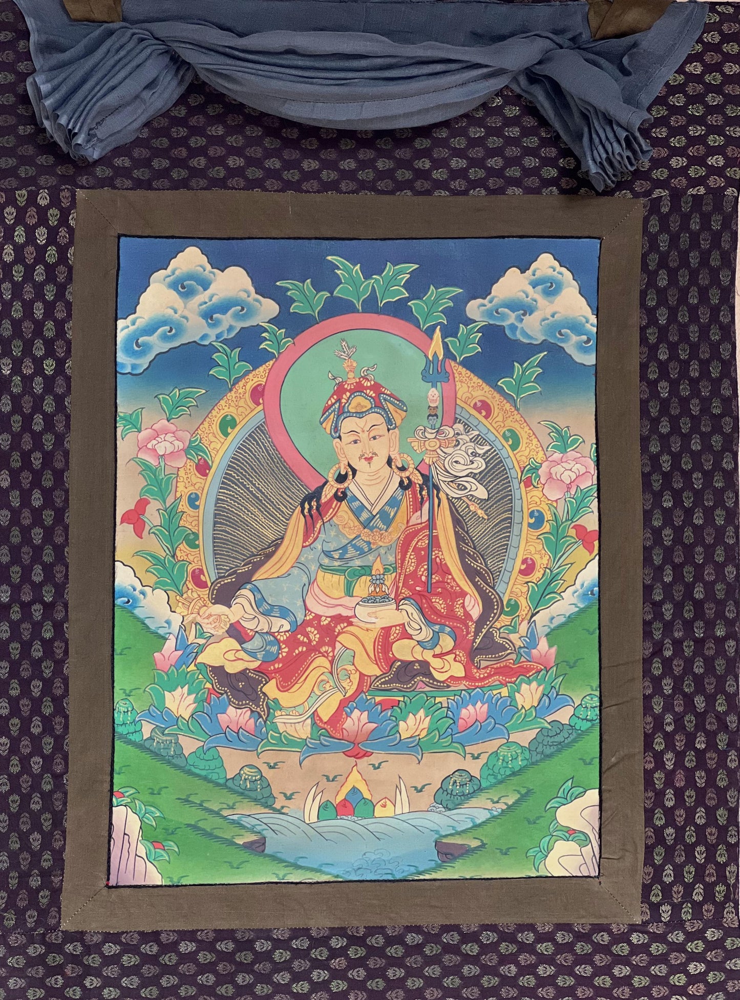 Guru Rinpoche Thangka | Padmasambhava Tibetan Art with Cotton Brocade