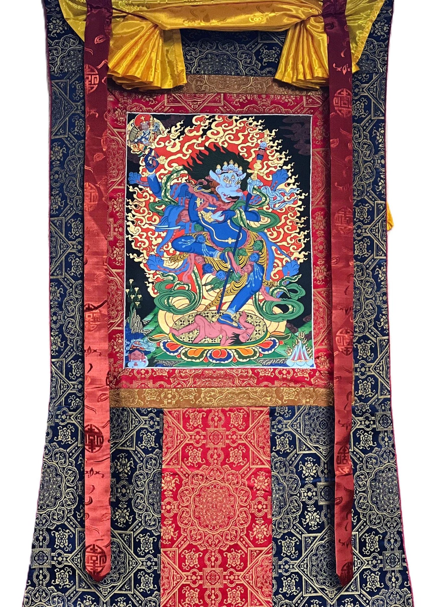 Hand-Painted Simhamukha Thangka – Vajrayogini Lion Dakini, Silk Brocade