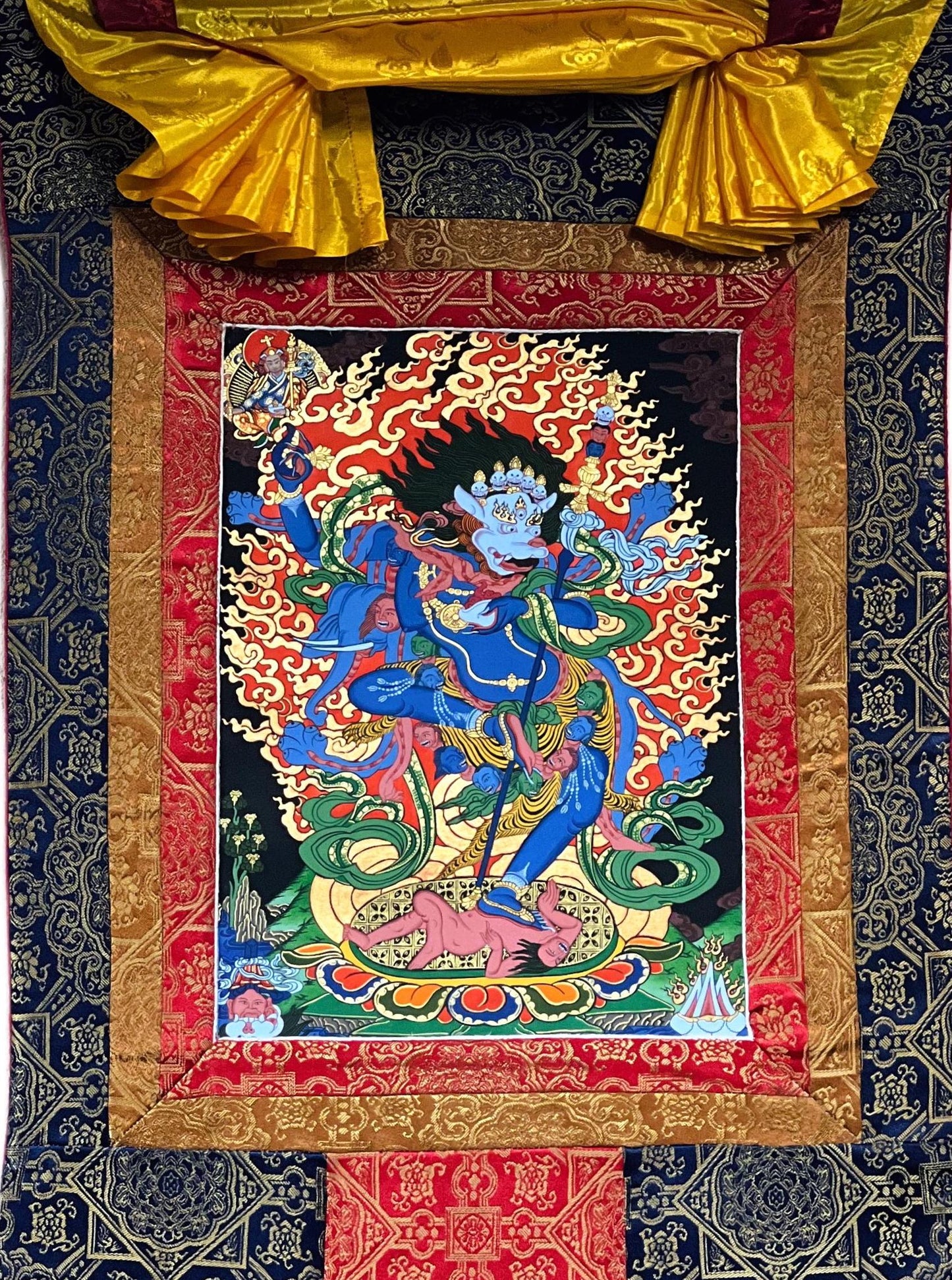Hand-Painted Simhamukha Thangka – Vajrayogini Lion Dakini, Silk Brocade
