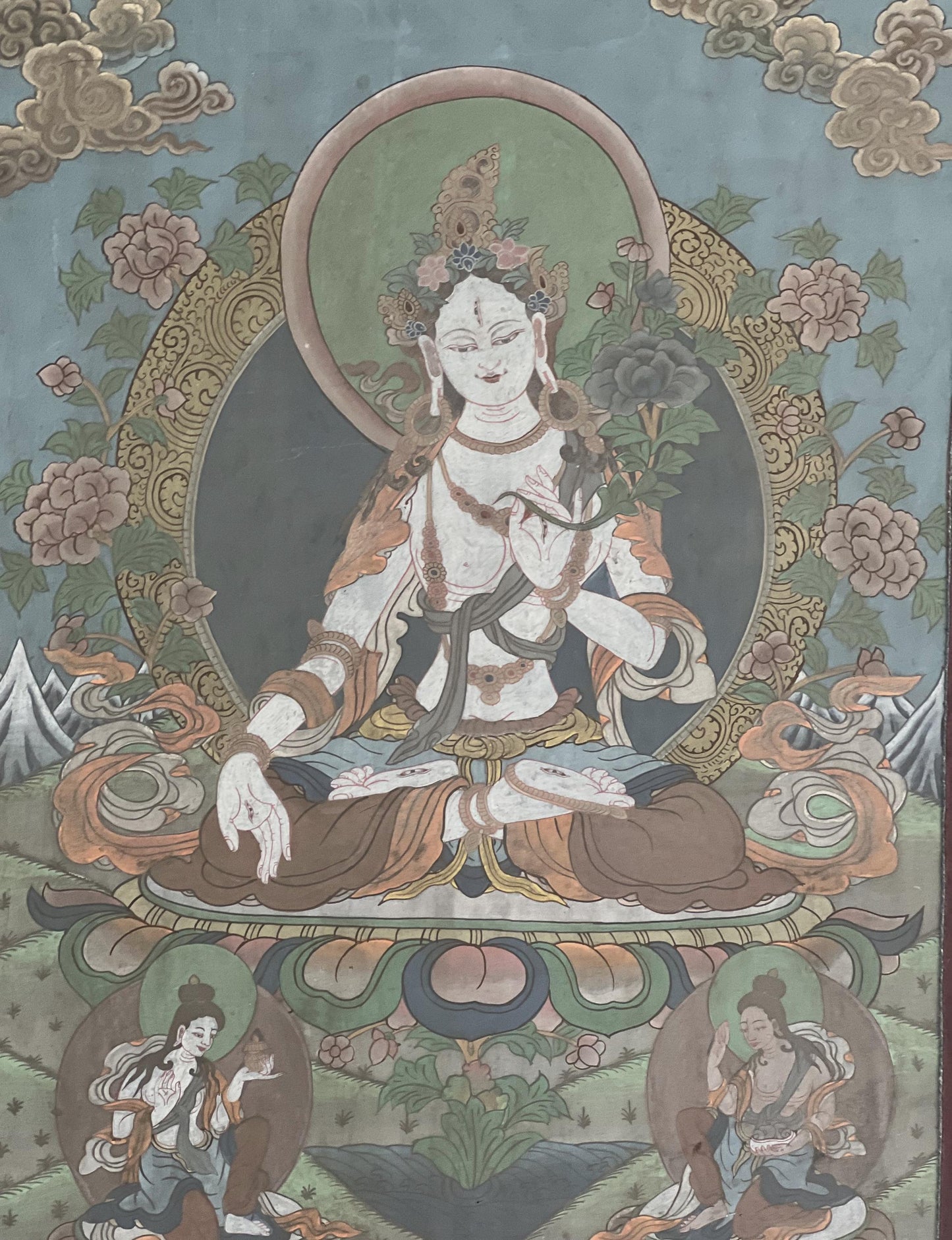 Vintage White Tara Thangka Painting | Hand-Painted Tibetan Buddhist Art