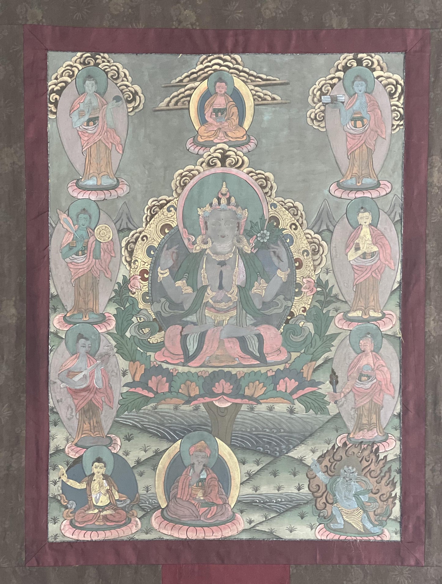 Vintage Avalokiteshvara / Chenrezig Original Hand-Painted Masterpiece Tibetan Thangka Painting with A Narrow Border