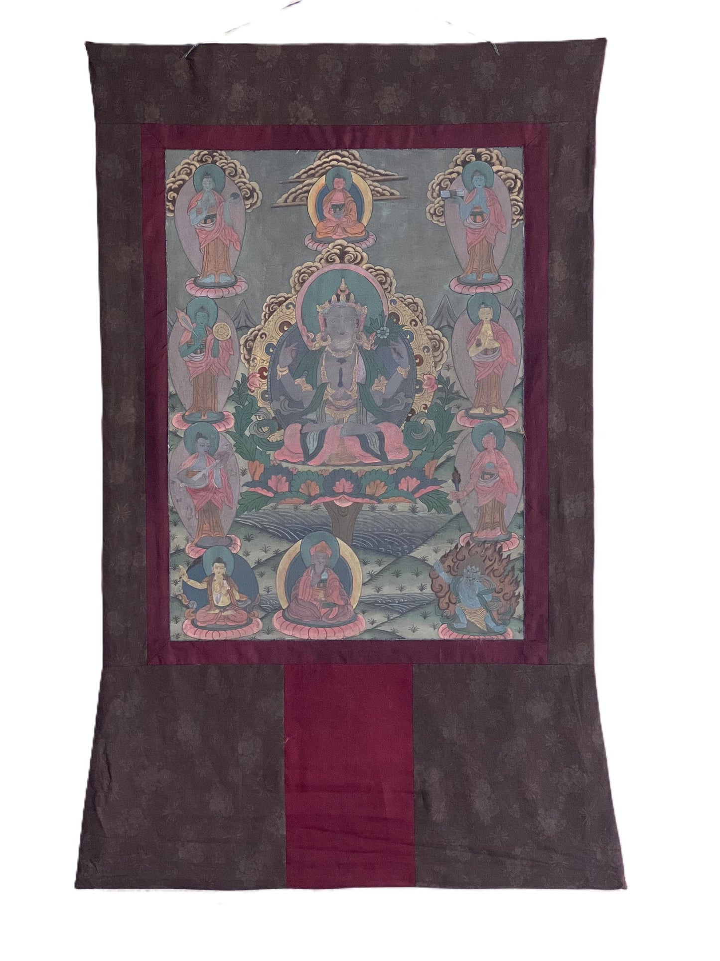 Vintage Avalokiteshvara / Chenrezig Original Hand-Painted Masterpiece Tibetan Thangka Painting with A Narrow Border