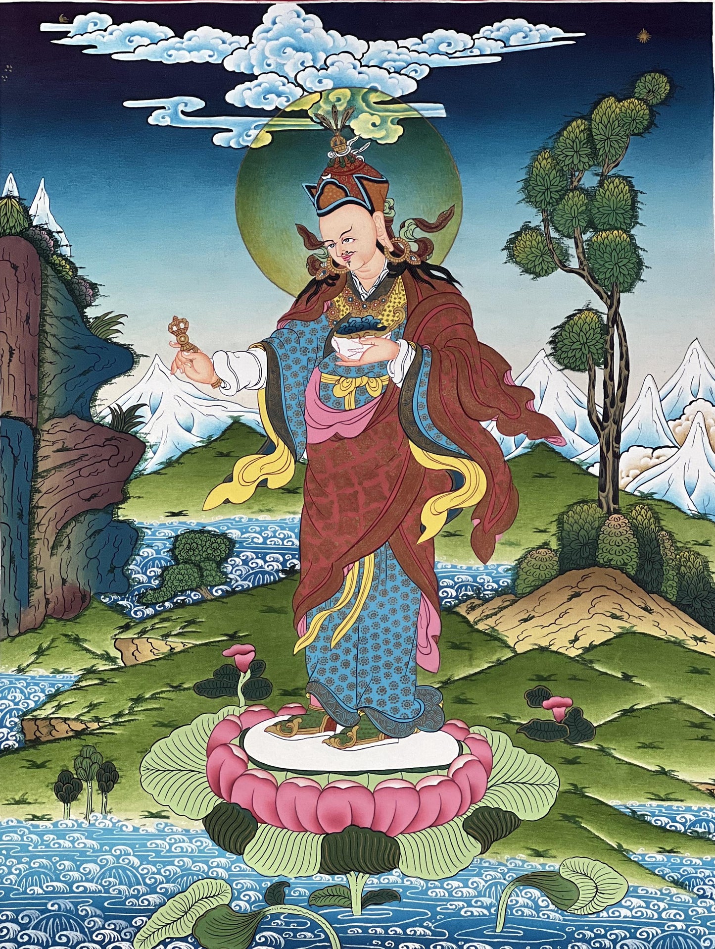 Standing Guru Rinpoche Thangka | Hand-Painted Padmasambhava Masterpiece