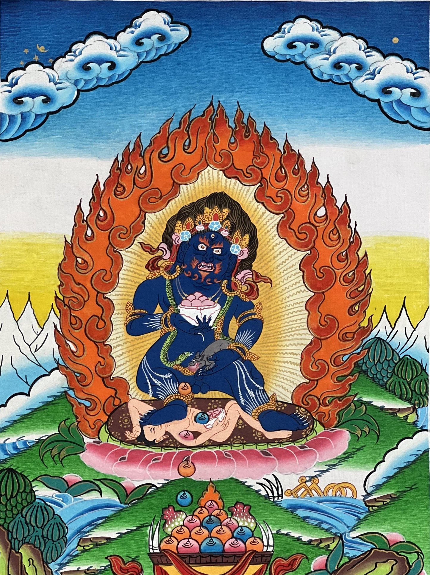 Hand-Painted Black Jambhala Thangka, Tibetan God of Wealth