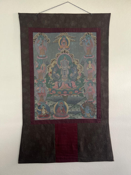 Vintage Avalokiteshvara / Chenrezig Original Hand-Painted Masterpiece Tibetan Thangka Painting with A Narrow Border