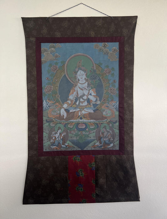 Vintage White Tara Thangka Painting | Hand-Painted Tibetan Buddhist Art