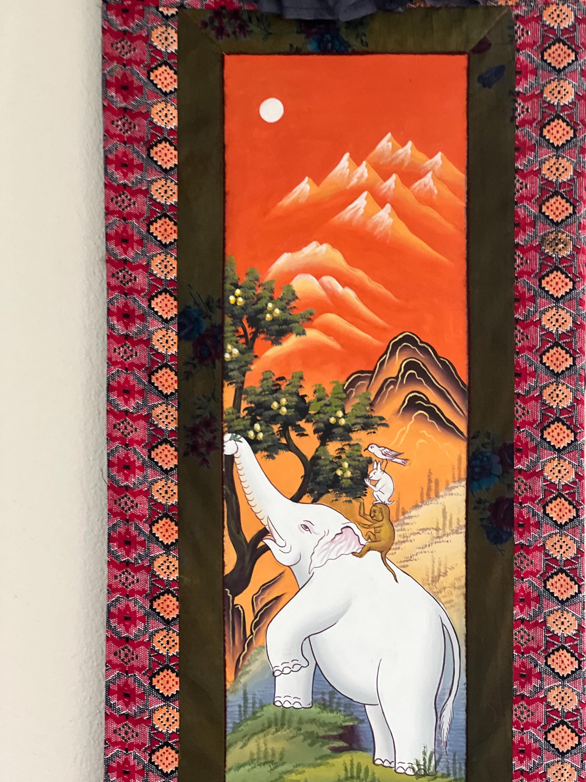 Newari Paubha Thangka Painting, Four Harmonious Friends, Cotton Frame