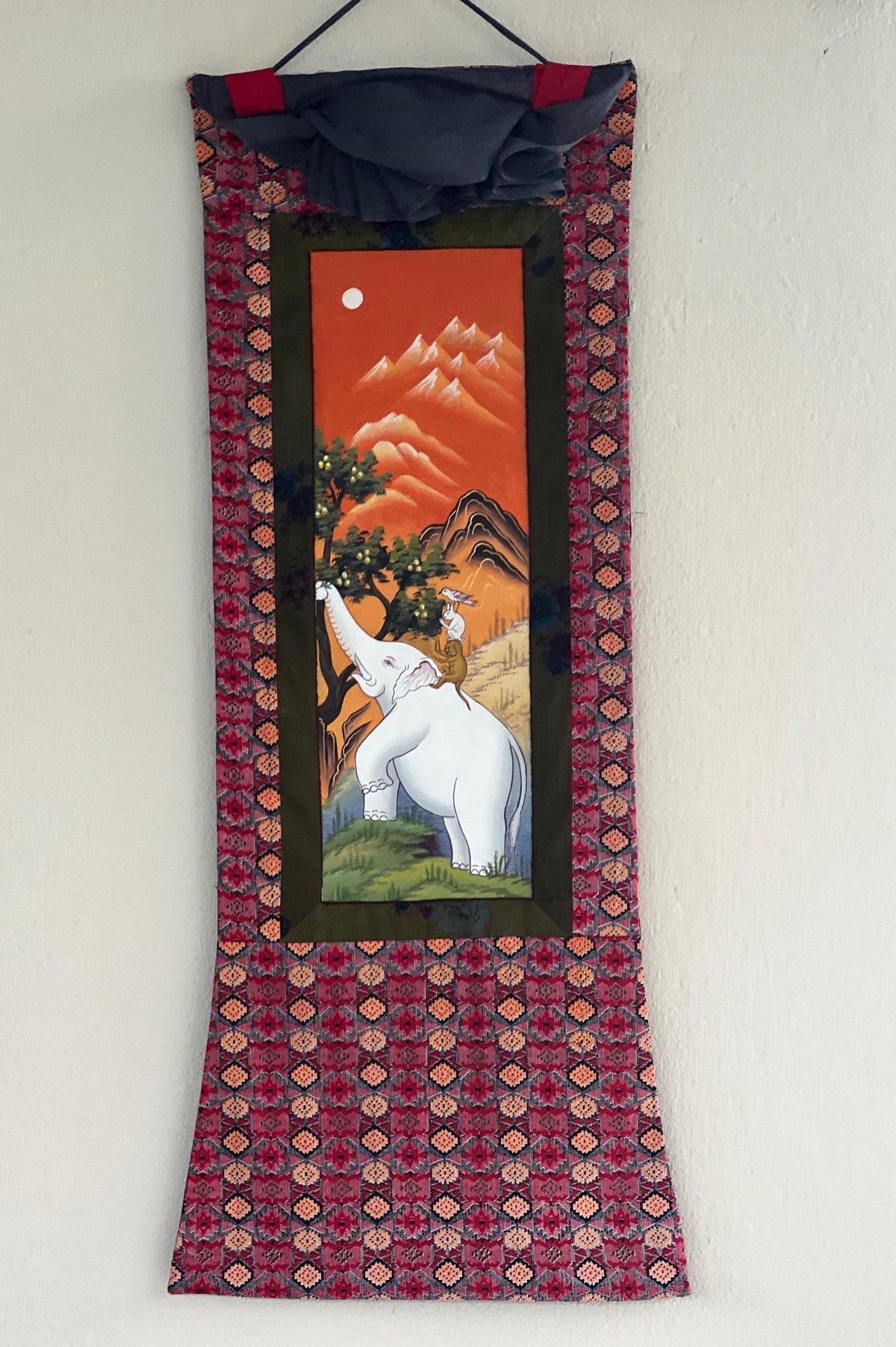 Newari Paubha Thangka Painting, Four Harmonious Friends, Cotton Frame
