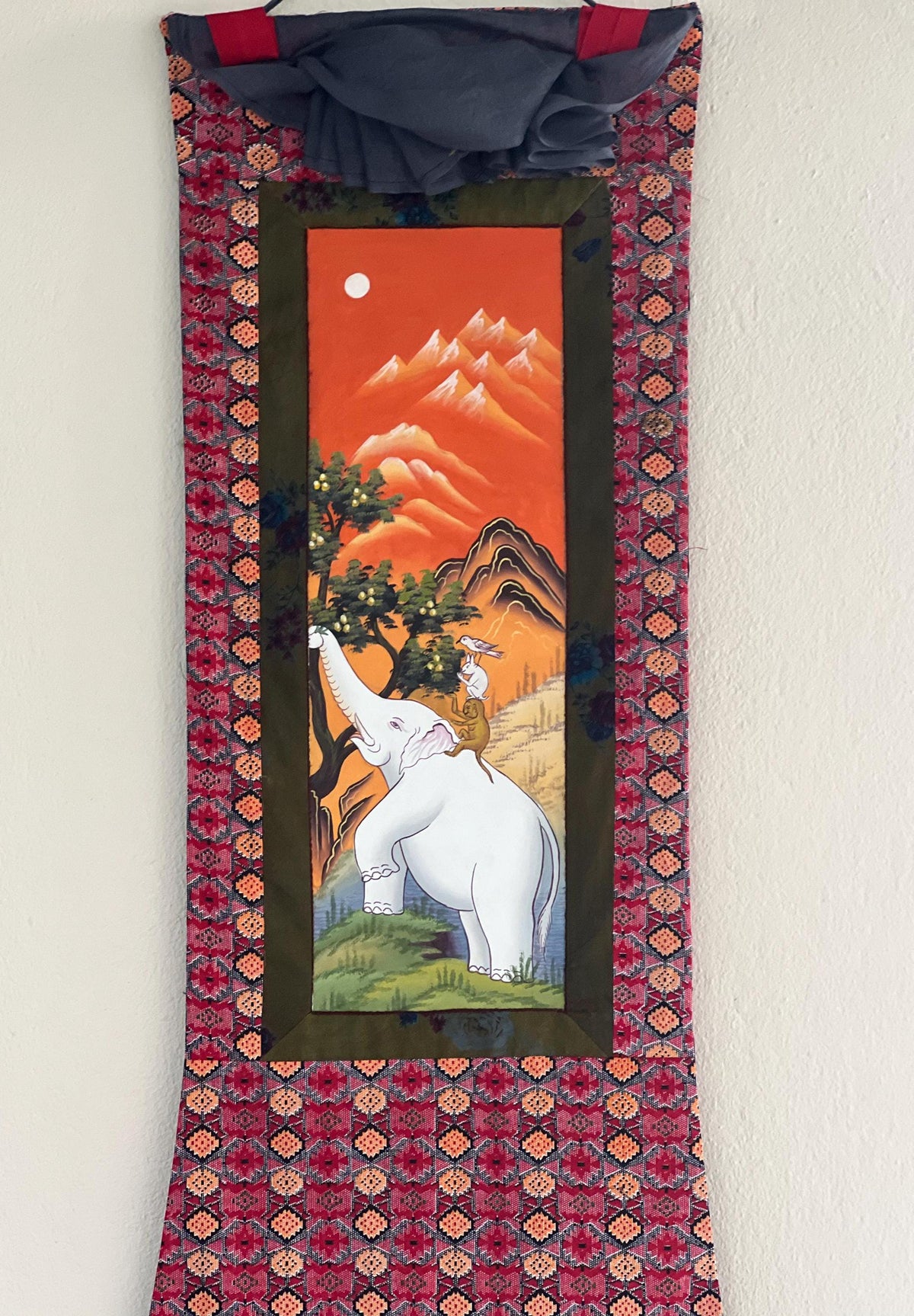Newari Paubha Thangka Painting, Four Harmonious Friends, Cotton Frame