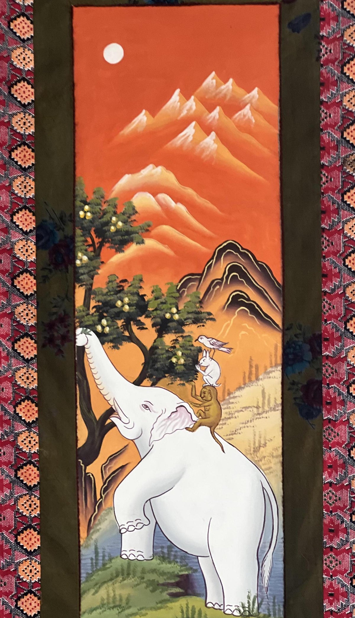 Newari Paubha Thangka Painting, Four Harmonious Friends, Cotton Frame