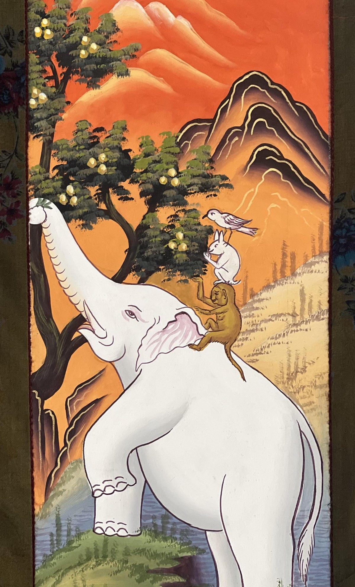 Newari Paubha Thangka Painting, Four Harmonious Friends, Cotton Frame