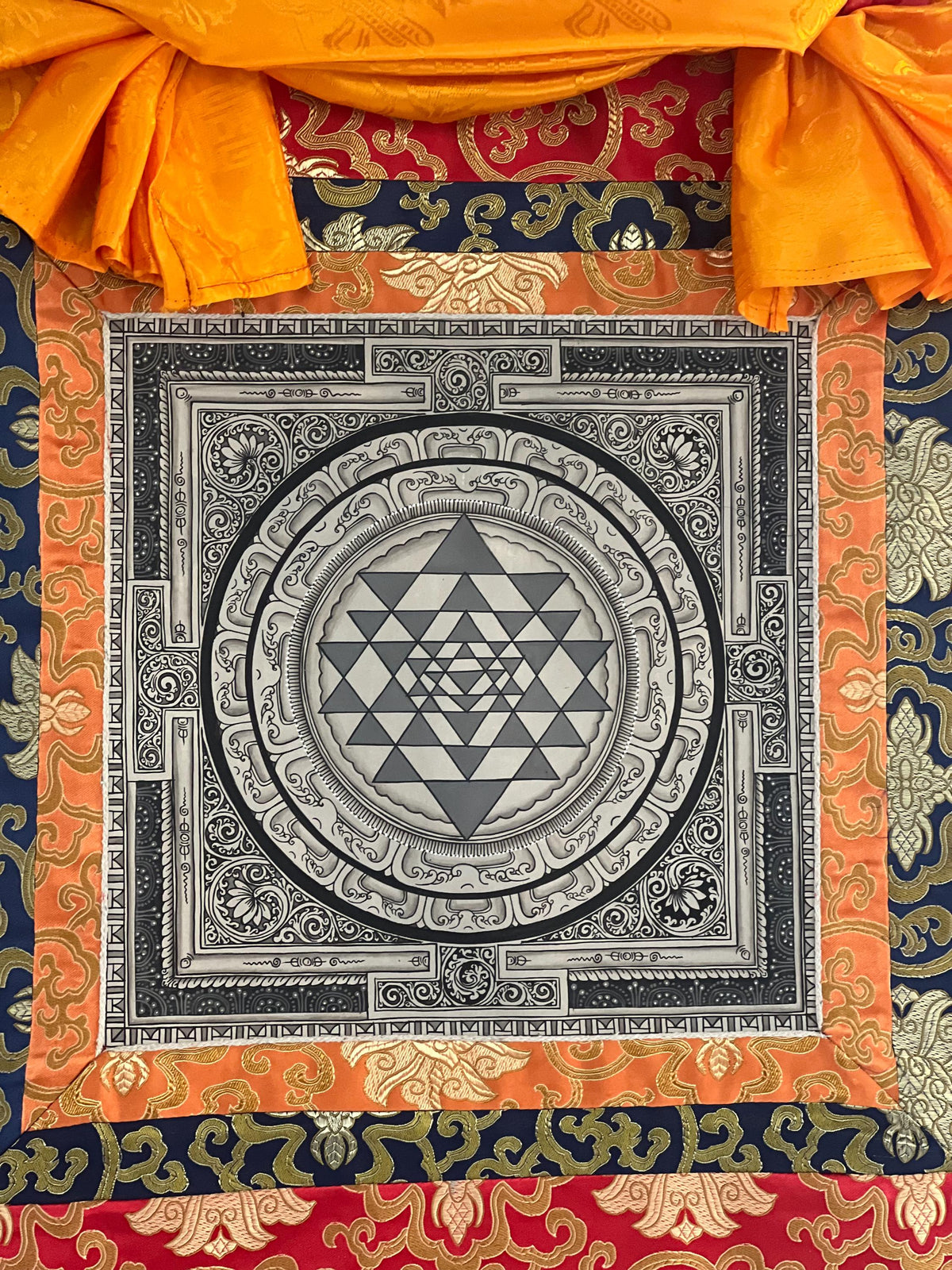 Hand-Painted Sri Yantra Thangka Painting with Silk Frame