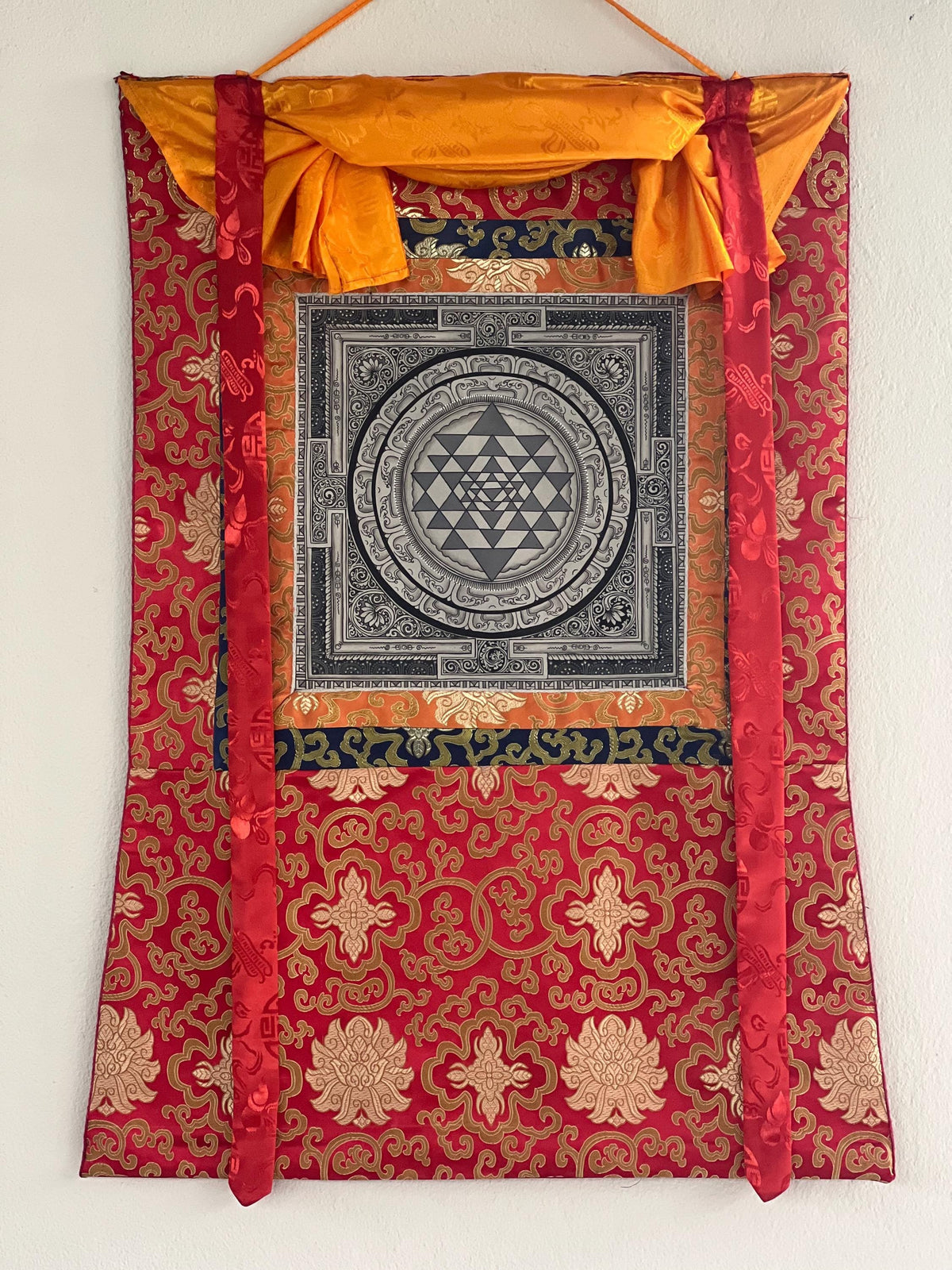 Hand-Painted Sri Yantra Thangka Painting with Silk Frame