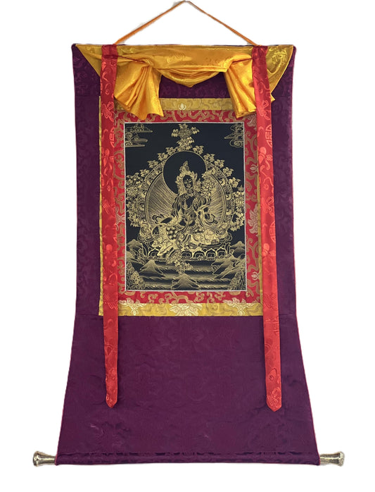 Hand-Painted Green Tara Thangka – Black & Gold Silk Brocade, Tibetan Artwork