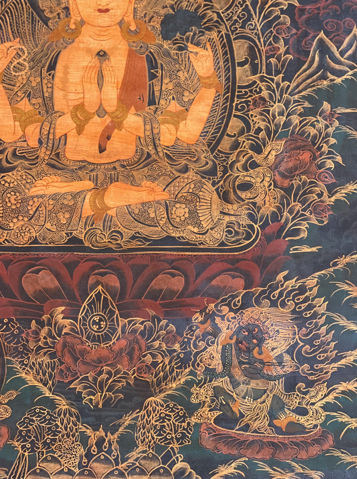 Chenrezig/ Avalokiteshvara Bodhisattva Old Oil Varnished Tibetan Thangka Painting/ Original Hand-Painted Buddhist Art