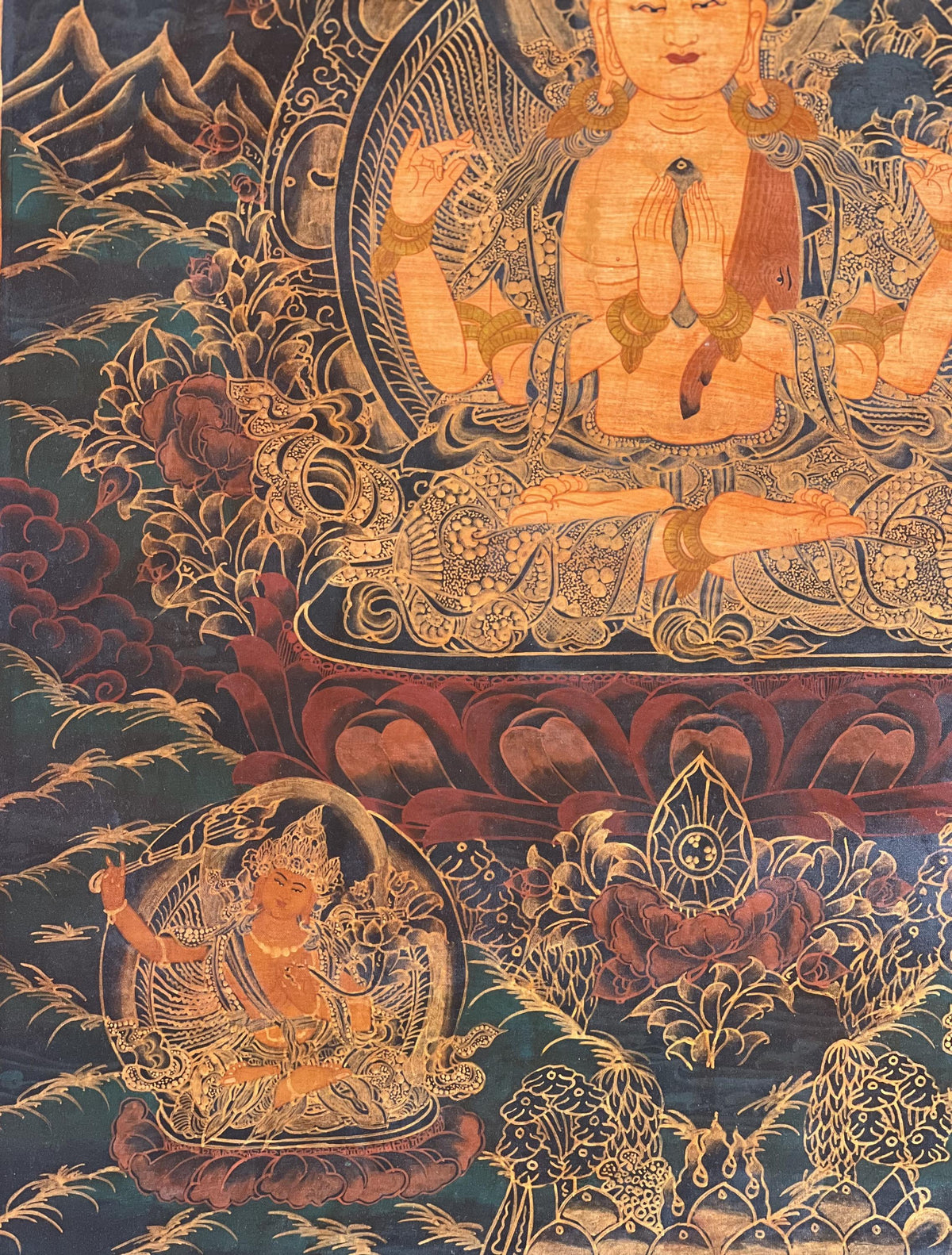 Chenrezig/ Avalokiteshvara Bodhisattva Old Oil Varnished Tibetan Thangka Painting/ Original Hand-Painted Buddhist Art