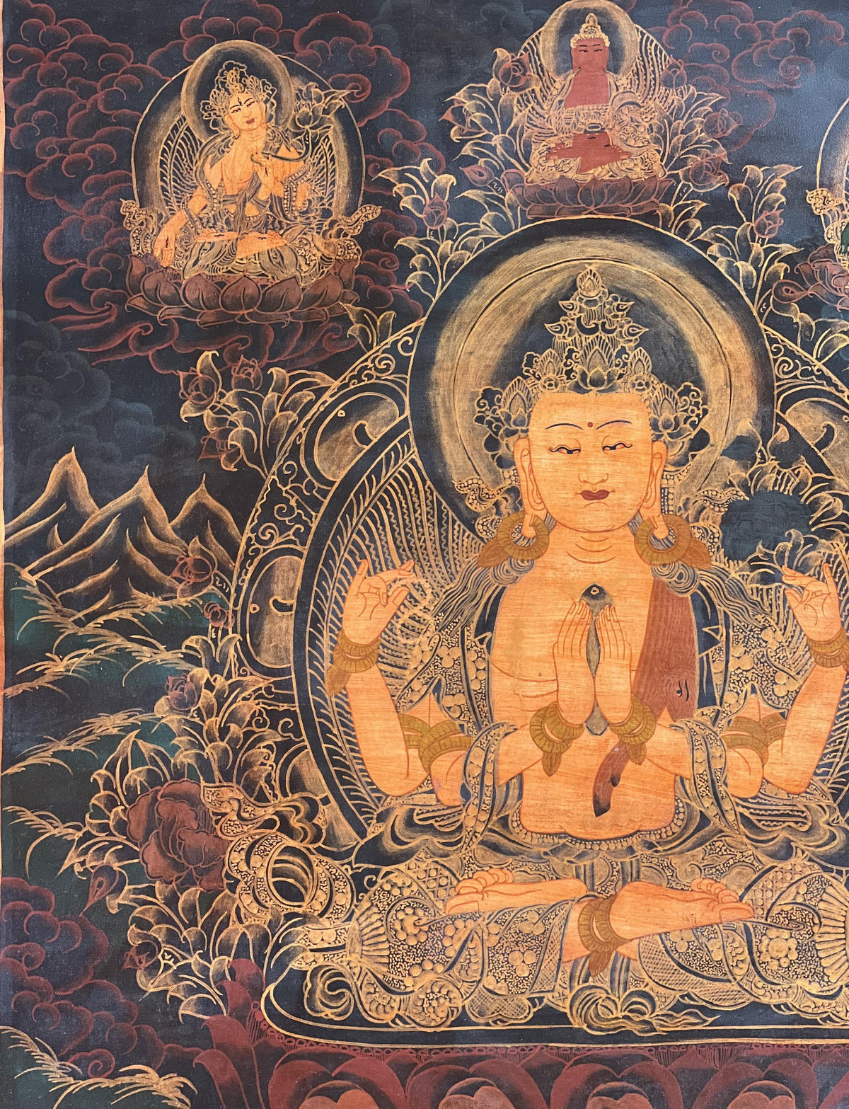Chenrezig/ Avalokiteshvara Bodhisattva Old Oil Varnished Tibetan Thangka Painting/ Original Hand-Painted Buddhist Art