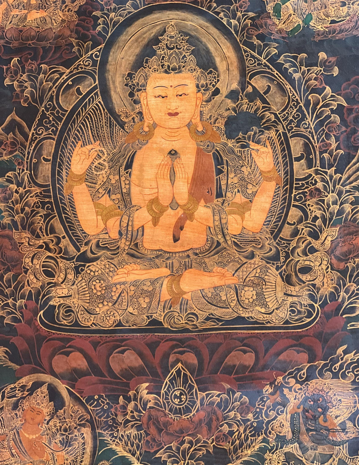 Chenrezig/ Avalokiteshvara Bodhisattva Old Oil Varnished Tibetan Thangka Painting/ Original Hand-Painted Buddhist Art