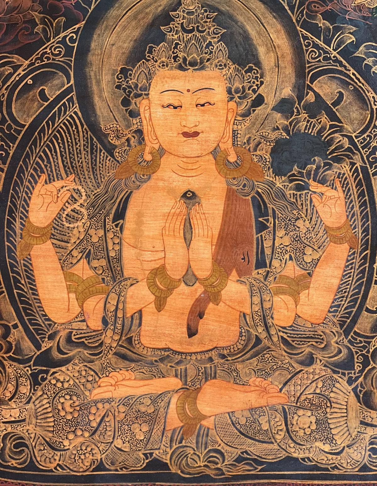 Chenrezig/ Avalokiteshvara Bodhisattva Old Oil Varnished Tibetan Thangka Painting/ Original Hand-Painted Buddhist Art