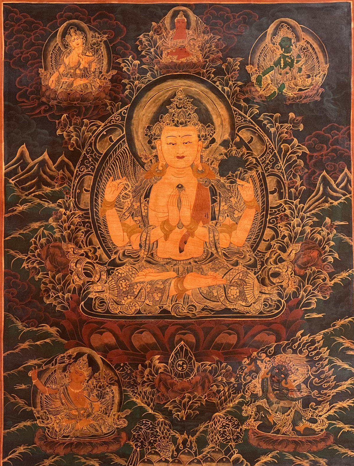 Chenrezig/ Avalokiteshvara Bodhisattva Old Oil Varnished Tibetan Thangka Painting/ Original Hand-Painted Buddhist Art