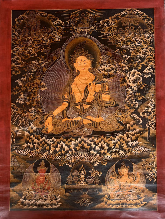 Hand-Painted White Tara Thangka Painting, Tibetan Buddhist Art (25x36 inch)