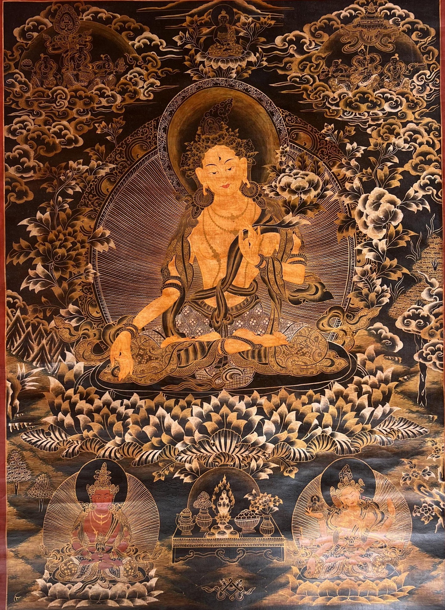 Hand-Painted White Tara Thangka Painting, Tibetan Buddhist Art (25x36 inch)