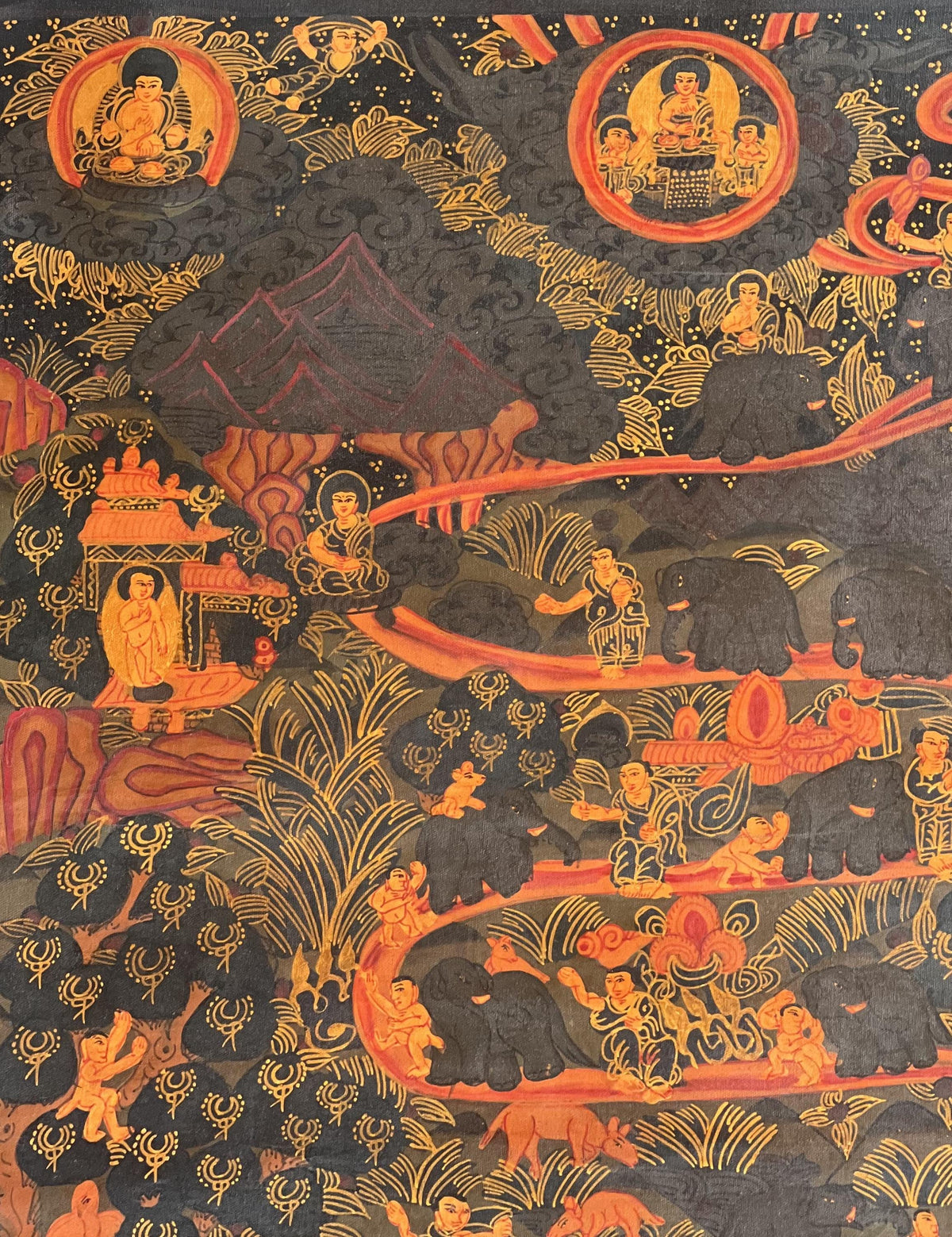 Hand-Painted Samatha Meditation Thangka | Nine Stage Elephant Path Meditation Art with Silk Brocade